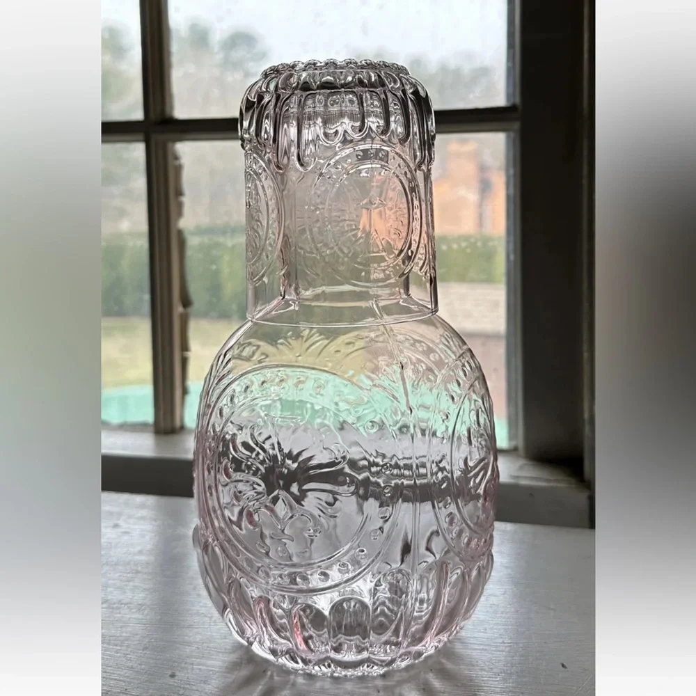 Embossed Bedside Water Carafe Glass Set  Pink